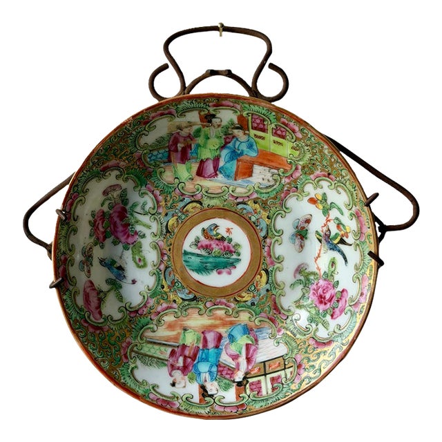Antique Chinese Famille Rose Porcelain Bowl in Wrought Iron Wall Mount For Sale