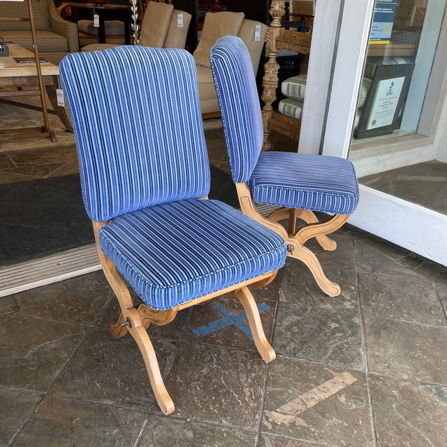 pierre deux cornflower blue striped velvet slipper chairs a pair chairish