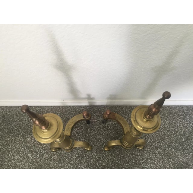 Early 20th Century Antique Turned Baluster Brass Fireplace Andirons Fire Dogs - a Pair For Sale - Image 5 of 13
