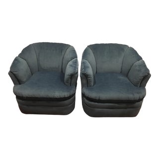 Jewel Toned Blue Velvet Swivel Lounge Chairs- a Pair For Sale