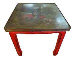 Chinese Lacquered Table With Etched Bronze Top