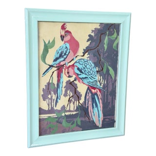 Vintage Tropical Parrot Painting on Canvas in Mint Painted Frame For Sale