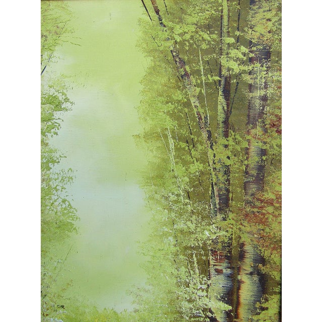Serene Green - Vintage Oil Painting by Jo Ann Wright, Listed Texas Artist - Forest Trees With Water Scene For Sale In Austin - Image 6 of 10