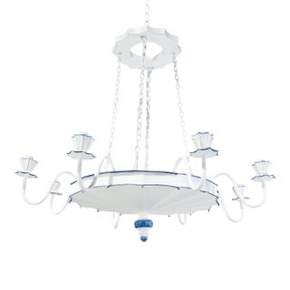 Vintage Handmade White and Blue Iron 8-Light Pendant Chandelier For Sale