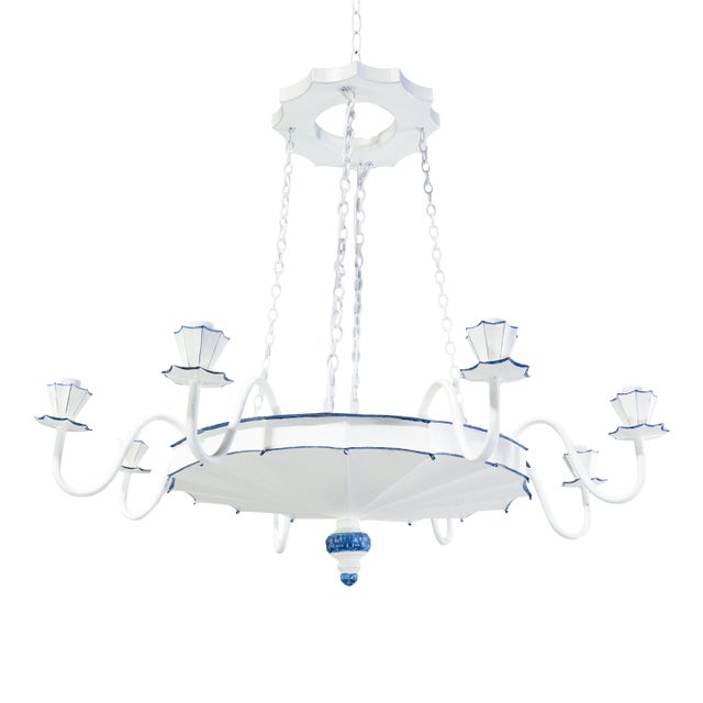 Vintage Handmade White and Blue Iron 8-Light Pendant Chandelier For Sale