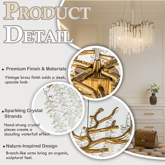 Hollywood Regency Aloadecor Antique Brass Branch Crystal Chandelier For Sale - Image 3 of 8