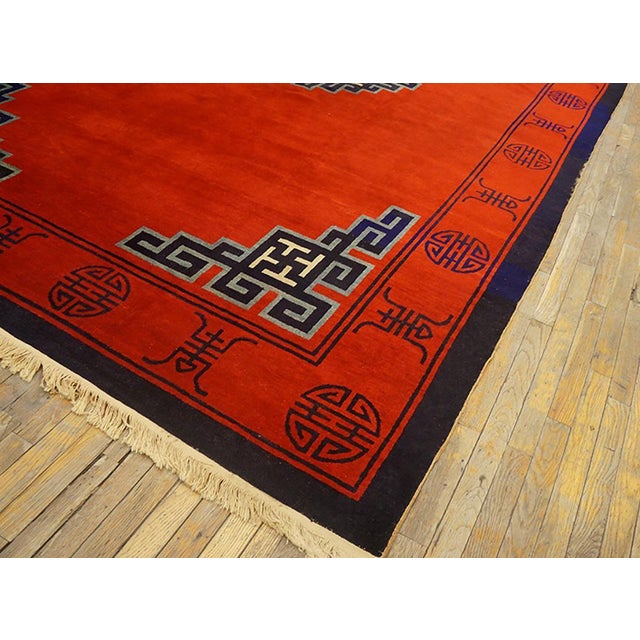 Textile Strikingly Lovely Red Ground Color in a Greek Key Style Antique Chinese Mongolian Rug For Sale - Image 7 of 7