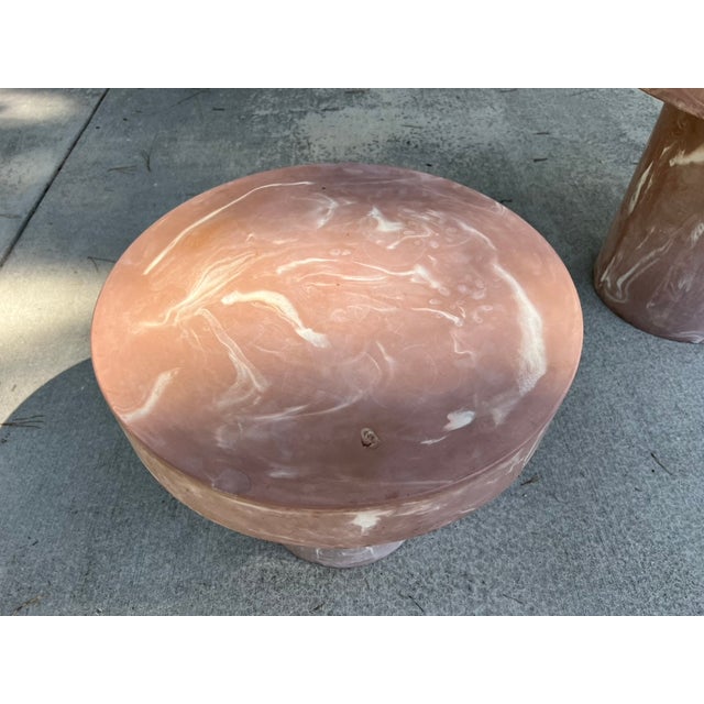 Plastic Pair of 1980s Postmodern Mauve Resin Faux Marble Swirl Pedestal Tables For Sale - Image 7 of 15