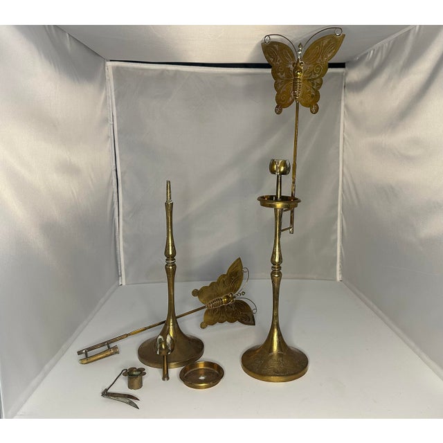 Early 20th Century Antique Brass Butterfly Candlestick Holders: Oriental Floral Etched Decor For Sale - Image 5 of 10