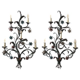 Large Romantic Wrought Iron Flower Sconces, 1940s, Set of 2 For Sale