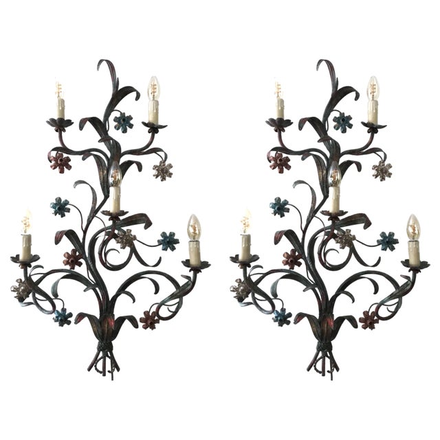 Large Romantic Wrought Iron Flower Sconces, 1940s, Set of 2 For Sale