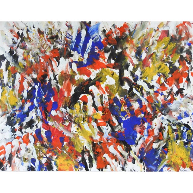 Colorful Abstract Expressionist acrylic painting on paper. Signed Adams 2000 lower right. Unframed, tape remains on verso.