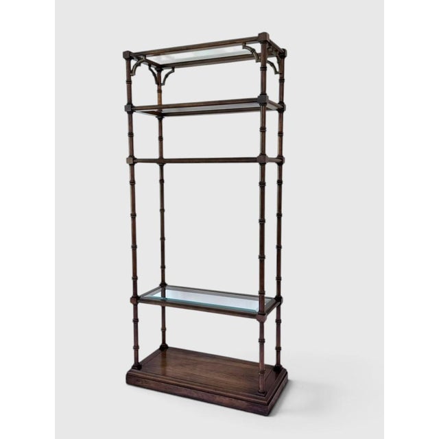 1970's Faux bamboo Hollywood Regency Style Etagere by Lane with four beveled glass shelves. Could leave original wood...