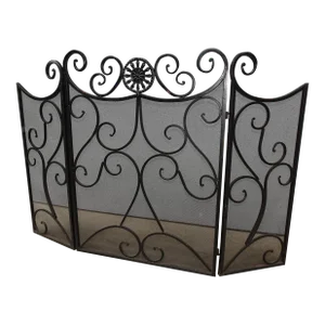 Vintage Tri-Fold Three Panel Black Metal Fireplace Screen