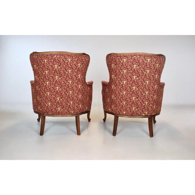 Wood Carved Walnut Bergere Chairs, Louis XV Style, Upholstered, Usa For Sale - Image 7 of 10