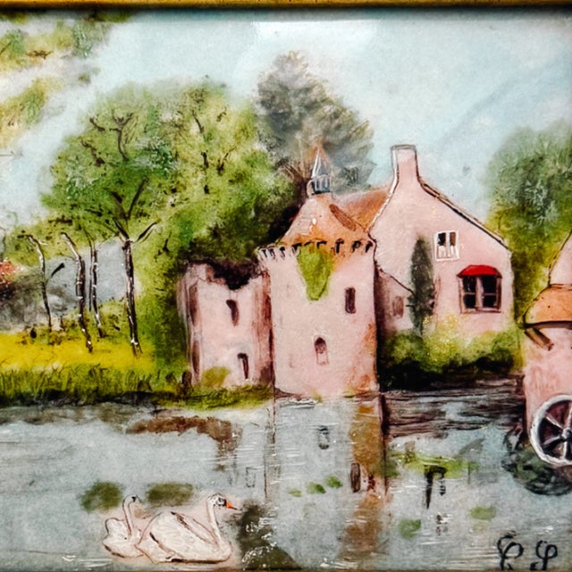 Vintage French Hand-Painted Petite Enamel Landscape Framed Paintings - Set of 2 For Sale - Image 4 of 13