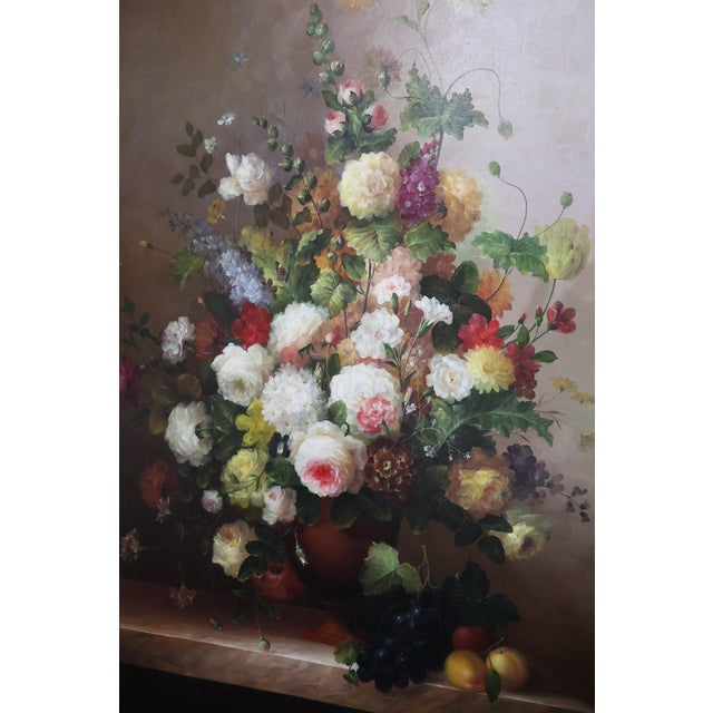 Grand Scale Floral Still Life Oil Painting by L. Stewart This magnificent large-scale oil on canvas is a masterful...