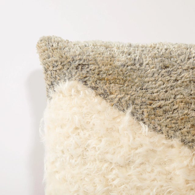 Textile Modernist Striped Pillow in White Fur & Smoked Taupe Fabric For Sale - Image 7 of 10