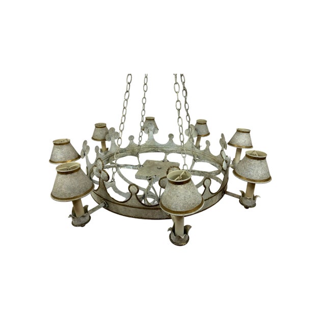 French Vaughan Round Painted Tole French-Inspired Circular Chandelier, White For Sale - Image 3 of 7
