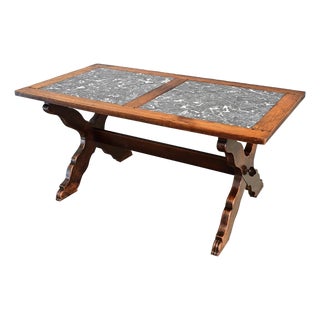 Italian 19th Century Inset Marble-Top Oak Trestle Table For Sale