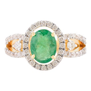1.01 Cts Oval Emerald & Diamond Wedding Ring Size 5.5 For Sale
