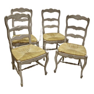 Late 20th Century Country French Hand Carved Dining Chairs With Rush Seats For Sale