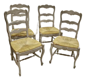 Late 20th Century Country French Hand Carved Dining Chairs With Rush Seats