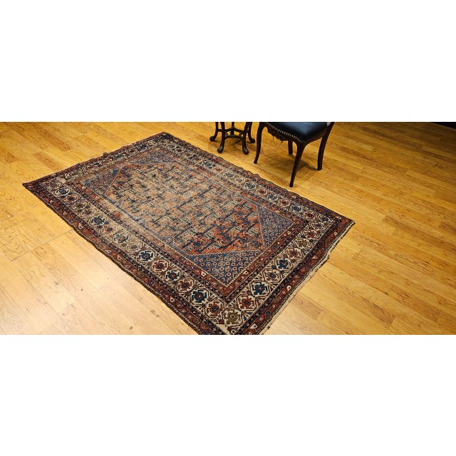 Persian Antique Persian Malayer Rug, Hand-Knotted Wool, Geometric Pattern, 5x7, Blue & Rust-Red For Sale - Image 3 of 15