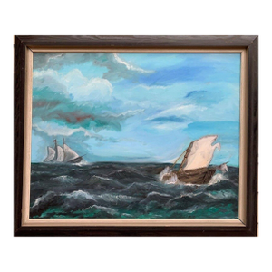 Late 20th Century Large Vintage Oil Painting on Canvas, Seascape, Sailing Ships, Framed
