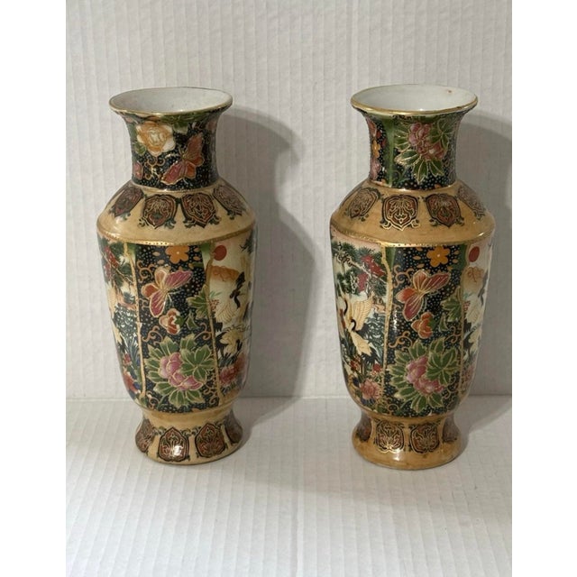 Vintage Chinese Satsuma Moriage Vase Hand Painted Cranes Floral Gold Gilt Set For Sale - Image 11 of 12
