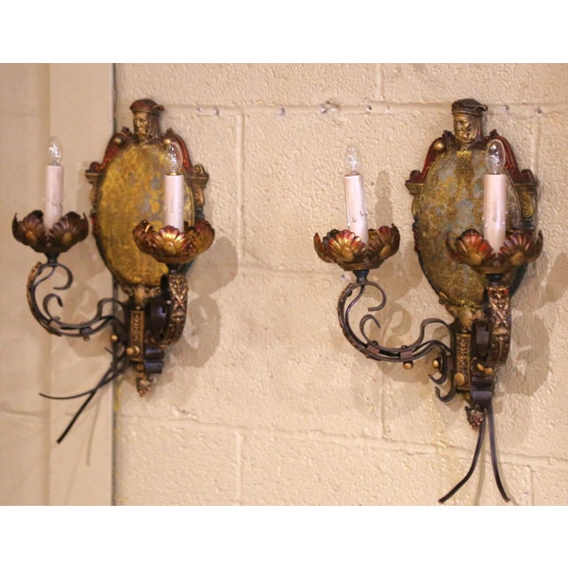 Traditional Pair of Mid-Century American Renaissance Revival Iron Two-Light Sconces For Sale - Image 3 of 11