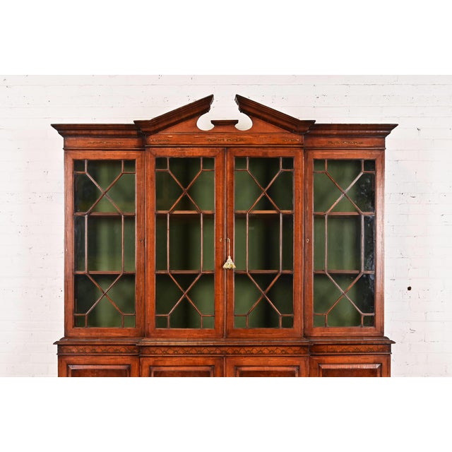 Baker Furniture Style Georgian Carved Mahogany Hand Painted Breakfront Bookcase Cabinet, Circa 1940s For Sale - Image 10 of 15