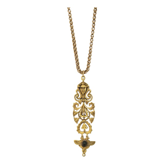 Victorian Antique 19k Yellow Gold Egyptian Pendant Chain Necklace For Sale