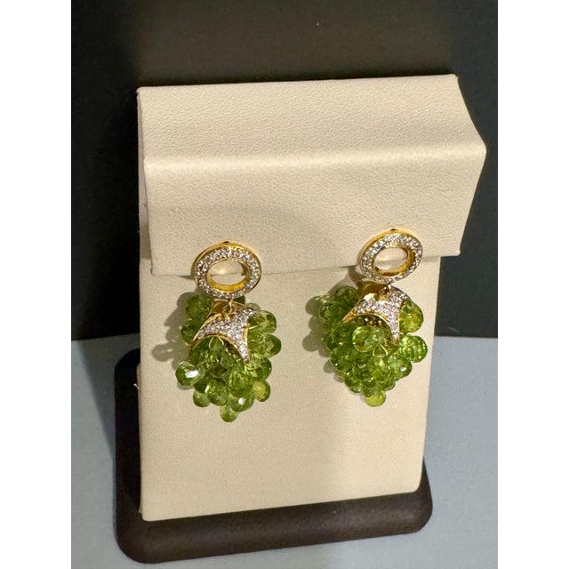 Gemstone Natural Peridot Briolette and Diamond Hanging Earrings 18 Karat Yellow Gold For Sale - Image 7 of 18