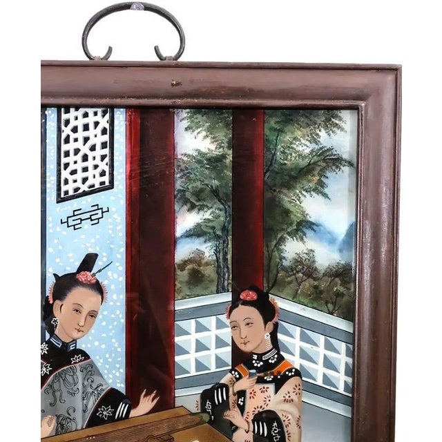 Antique Chinese Qing Dynasty Reverse Glass Painting Scholars Garden Scene For Sale - Image 4 of 12