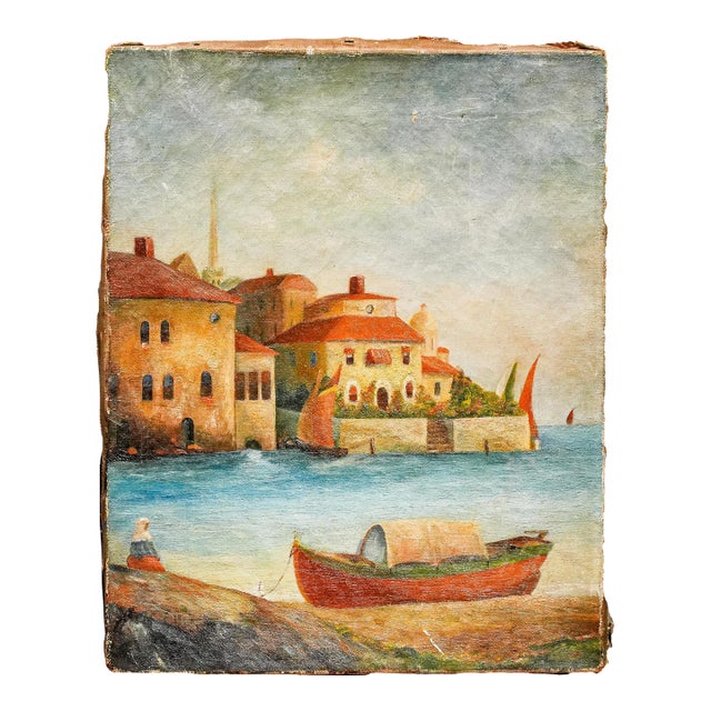 Colorful Mediterranean Coast Landscape Antique Oil Painting Home Wall Decor Grand Tour Travel For Sale