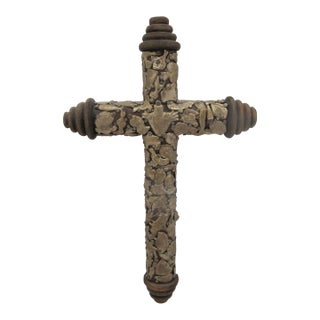Mexican Folk Art Milagros Turned Wood Cross Nailed Brass Charms Wall Hanging For Sale
