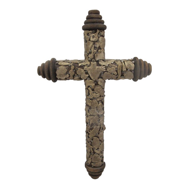 Mexican Folk Art Milagros Turned Wood Cross Nailed Brass Charms Wall Hanging For Sale