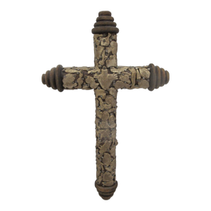 Mexican Folk Art Milagros Turned Wood Cross Nailed Brass Charms Wall Hanging