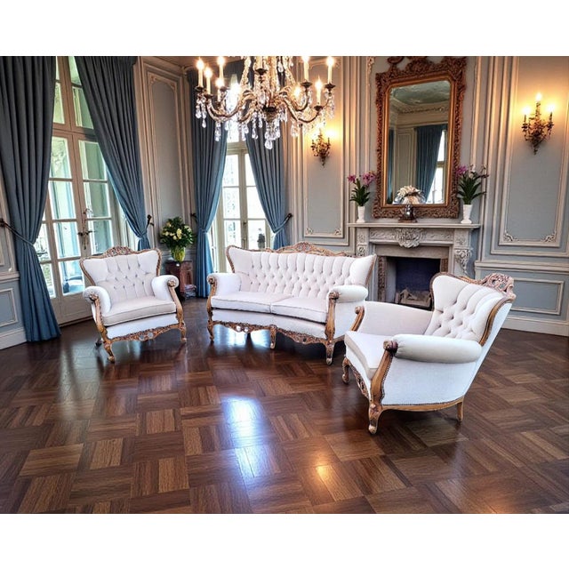 Mid-19th Century French Louis-XVI Château Salon Set – Tufted Canapé Sofa & Pair of Bergère Armchairs, Reupholstered &...
