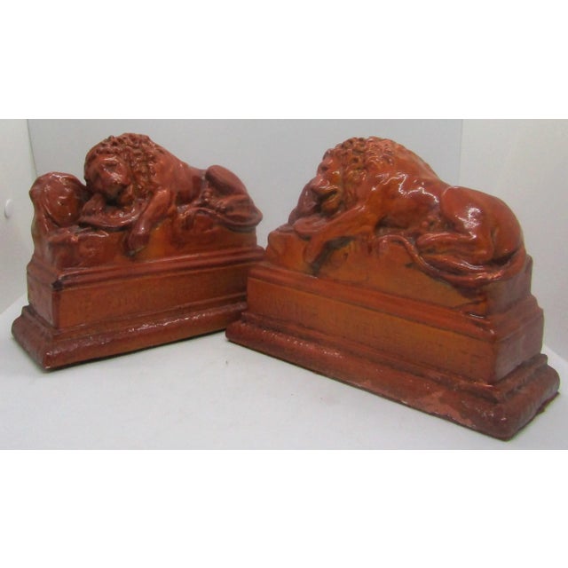 Helvetiorum Fidei ac Virtuti Chalkware Sculptures of Lion of Lucerne Bookends Each measures 8" long, 3 1/4" deep and 5...