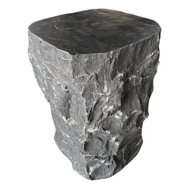Natural Solid Marble Side Table With Chiselled Finish and Smooth Top For Sale