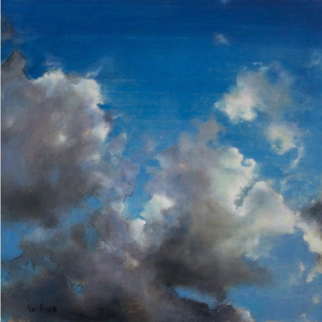 Sky 54 by James Van Fossan | Oil on cradled panel Cloudy sky with blue and gray tones For Sale