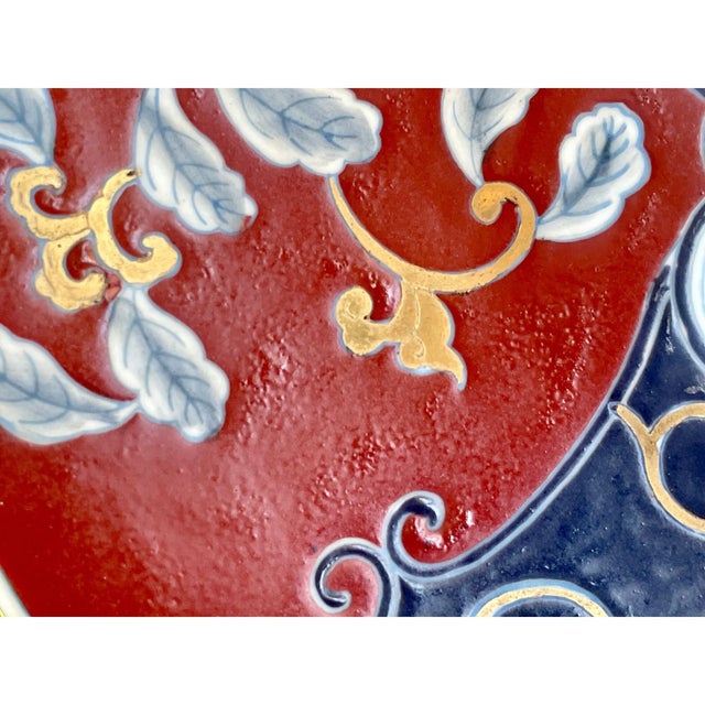 Blue Vintage Chinese Imari Charger Plate – Large 16" - Hand-Painted Porcelain With Peony & Floral Motif – Blue Gold For Sale - Image 8 of 9