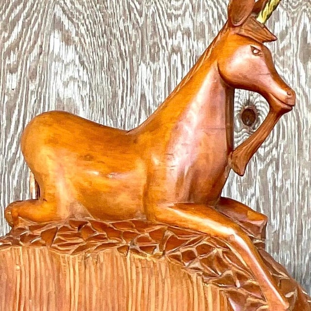 Vintage Boho Hand Carved Wood and Brass Unicorn For Sale - Image 9 of 12