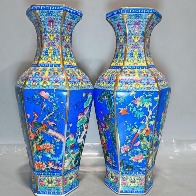Blue Pair of Chinese Hexagonal Blue Ground Famille Rose Peacock & Bird Porcelain Vases, Chinoiserie Decor Vessels For Sale - Image 8 of 9