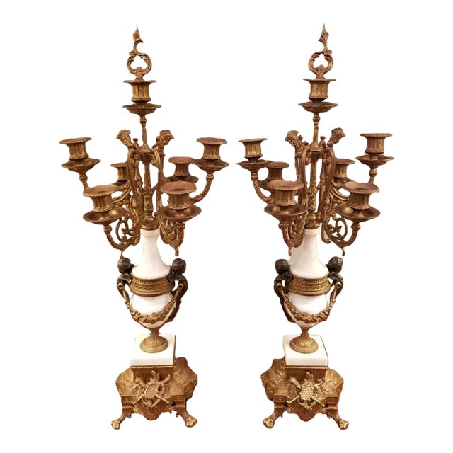 Vintage Italian Pair of 7-Light Gilt Bronze & Marble Figural Cherub Candelabras For Sale