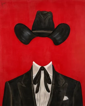"Western Formal in Red" Contemporary Original Western Surrealist Portrait Print by Daniel Falcón