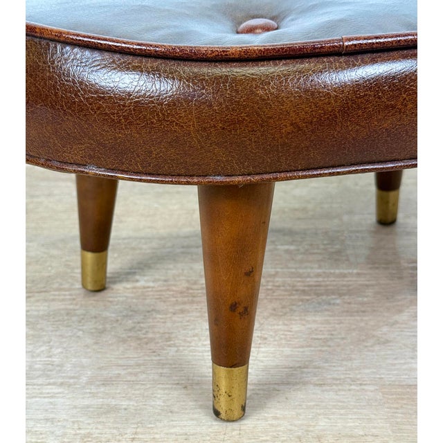 Mid-Century Button Tuft Brown Vinyl Kidney Footstool Ottoman For Sale - Image 9 of 10