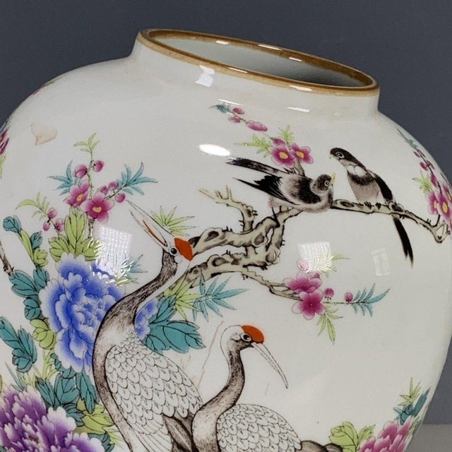 Paint Vintage Chinese Famille Rose "Cranes & Peonies" Jar With Marchant London Label For Sale - Image 7 of 9